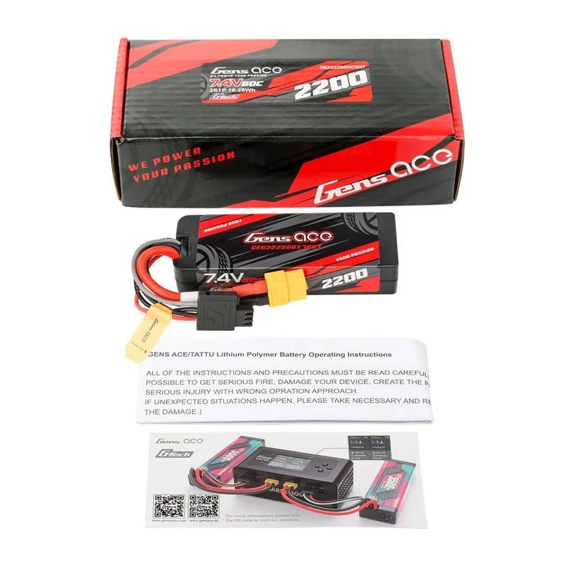 Lipo Gens ace G-Tech 2200mAh 7.4V 2S1P 60C GRP-76 Hardcase Battery ar XT60 spraudni