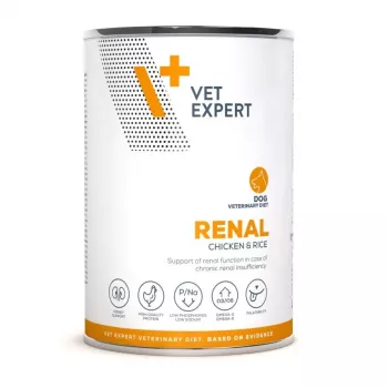 Slapjā suņu barība VETEXPERT Renal Chicken 400 g — veterinārā diēta suņiem ar nieru darbības traucējumiem, pieaugušiem, 77% mitrums, 6,3% olbaltumvielas