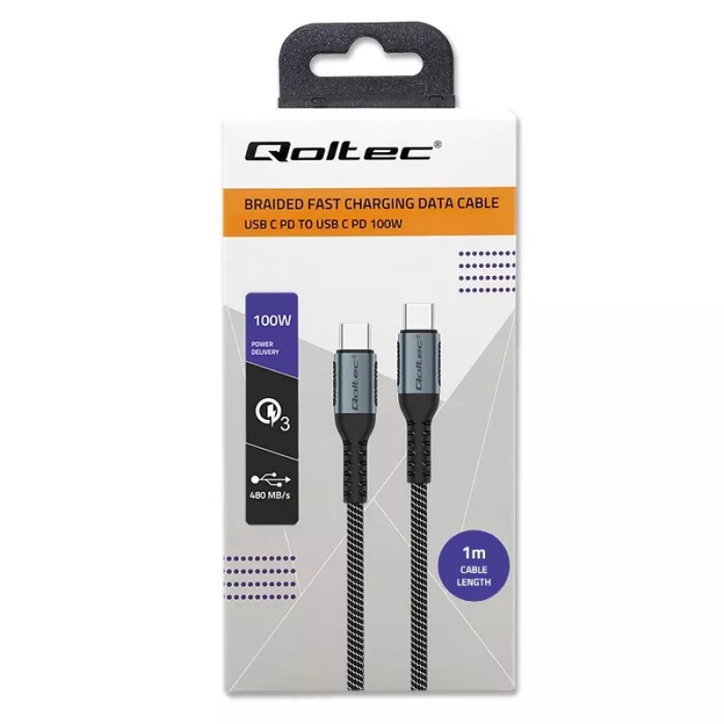Qoltec kabelis USB 2.0 Type C uz Type C 100W Qc 3.0 Pd 1m Melns