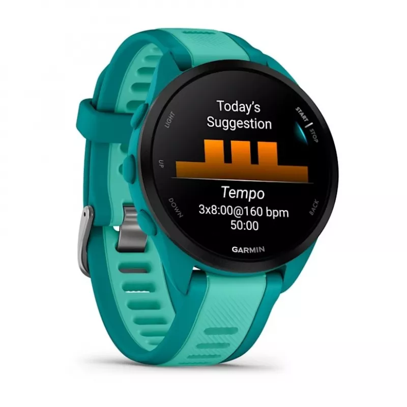Viedpulkstenis GARMIN Forerunner 165 Music — 43 mm polimēra korpuss, 1,2 collu AMOLED, 4 GB, GPS/GLONASS/Galileo, 5 ATM