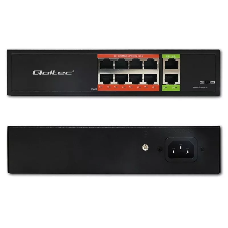 Tīkla komutators QOLTEC FAST Ethernet PoE 8xRJ45 ar 2xRJ45 augšupsaiti (modelis 52290)