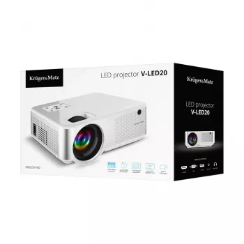 Standarta projicēšanas attāluma projektors kruger & matz V-LED20 FullHD 1080p 1920x1080, LED, 1.4:1 projicēšana, 15–150 collu ekrāns, Bluetooth, 3W skaļrunis