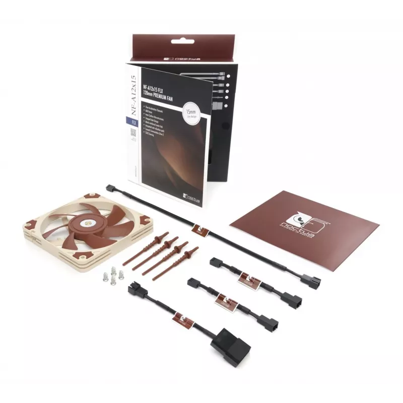 Ventilators Noctua NF-A12x15 FLX — 120 mm plāns 15 mm datora korpusa ventilators, 12 V, 1850 apgr./min, 94.2 m³/h, 23.9 dB, 3 kontaktu