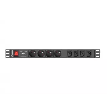 Strāvas sadales bloks LANBERG PDU-04E04I-0200-IEC-BK — 1U, 4 Type E ligzdas, 2 m kabelis, 10 A, 220–250 V