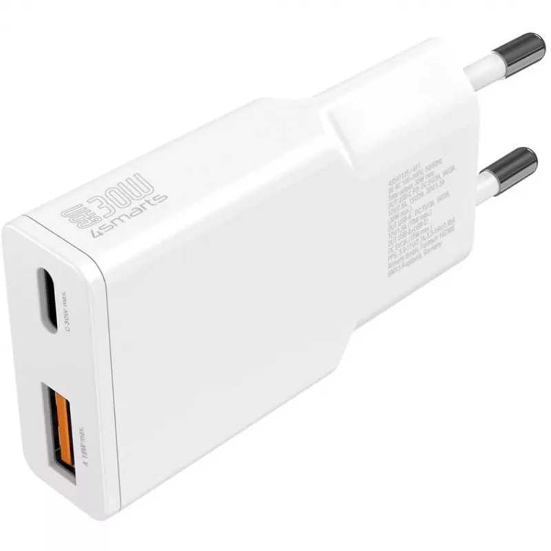 Lādētājs 4smarts PDPlug Duos plāns viedtālruņa planšetdatora balts maiņstrāvas ātrā uzlāde