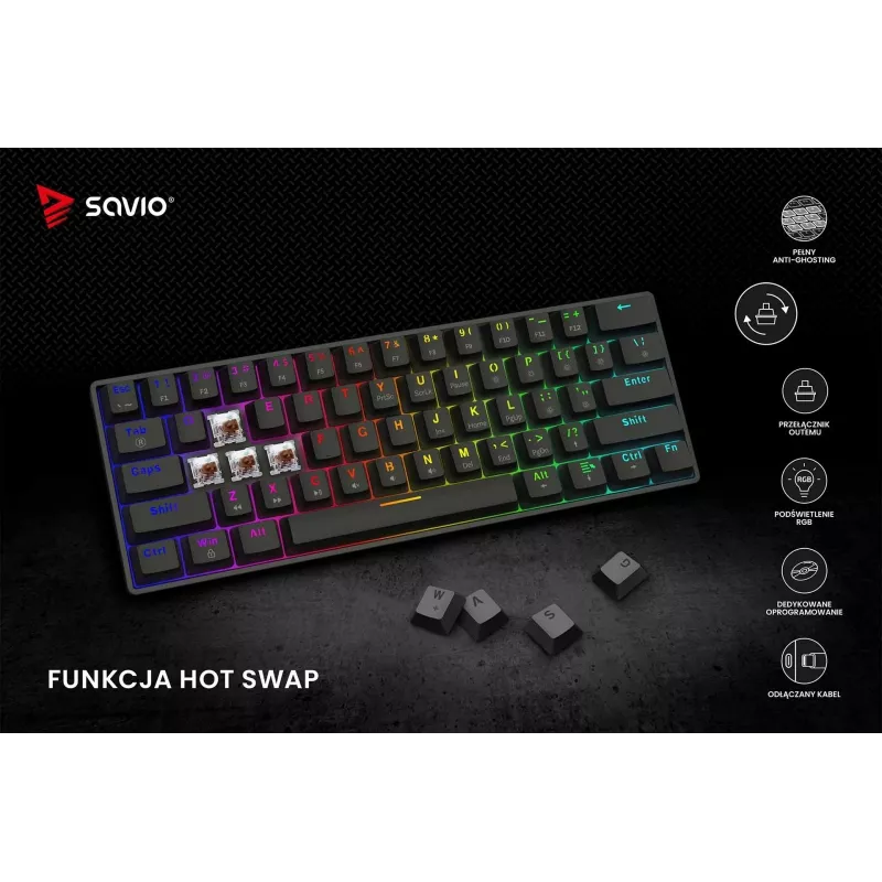Mehāniskā spēļu tastatūra SAVIO MelnsOUT X2 BROWN 61 taustiņi 60% USB QWERTY RGB Outemu Brown