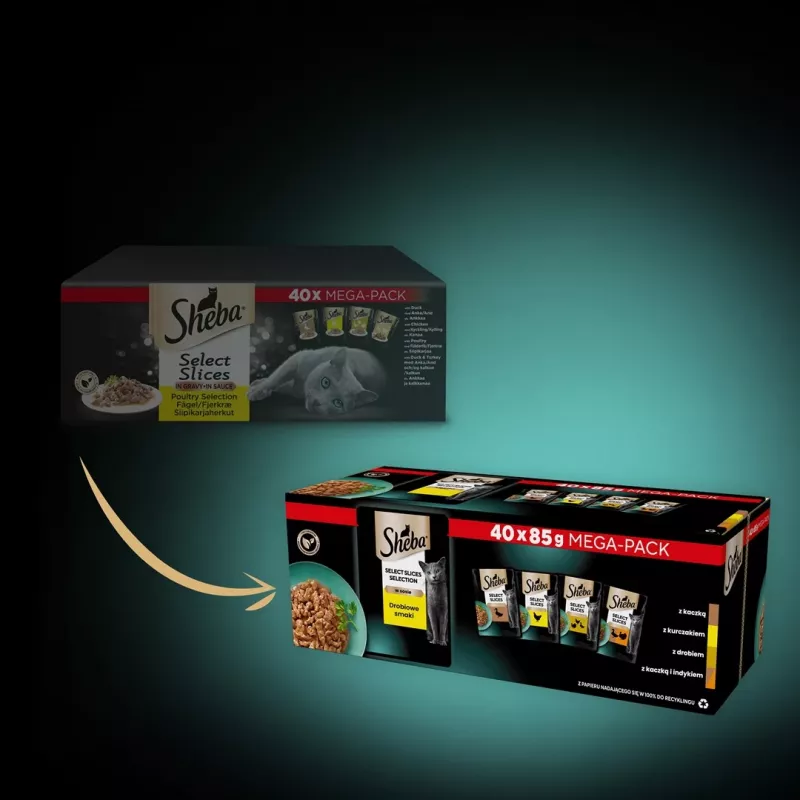 Mitrā kaķu barība Sheba Selection Select Slices ar mājputnu garšu, 40 x 85 g trauciņi, 7,8% olbaltumvielu, 4,8% tauku