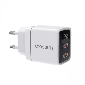 Choetech PD6051 2x USB-C PD 35W GaN sienas lādētājs ar displeju - balts