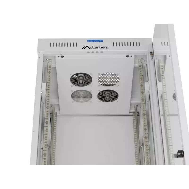 19 collu 42U LANBERG stāvošs statņu skapis 600×600 mm pelēks ar stikla durvīm un LCD (plakanā iepakojumā)