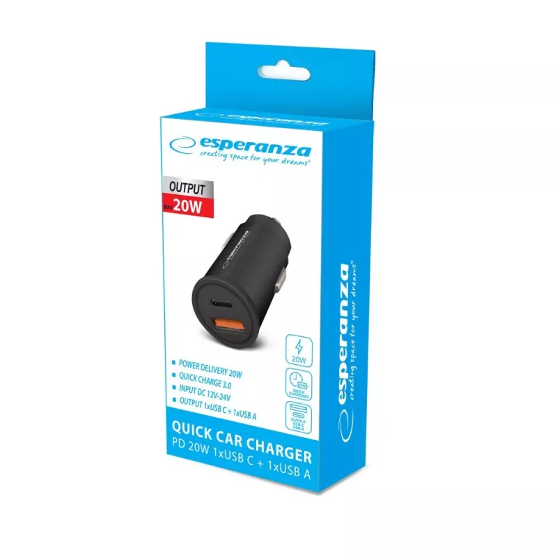 Auto USB lādētājs ESPERANZA EZC111K, 20W (USB-C PD 20W + USB-A QC3.0), 12–24V ieeja, melns