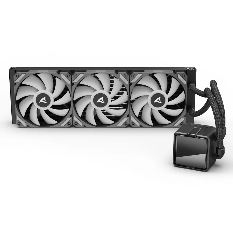 Universāls šķidruma CPU dzesētājs Sharkoon S60 ARGB — 360 mm radiators, 3×120 mm PWM ventilatori, melns