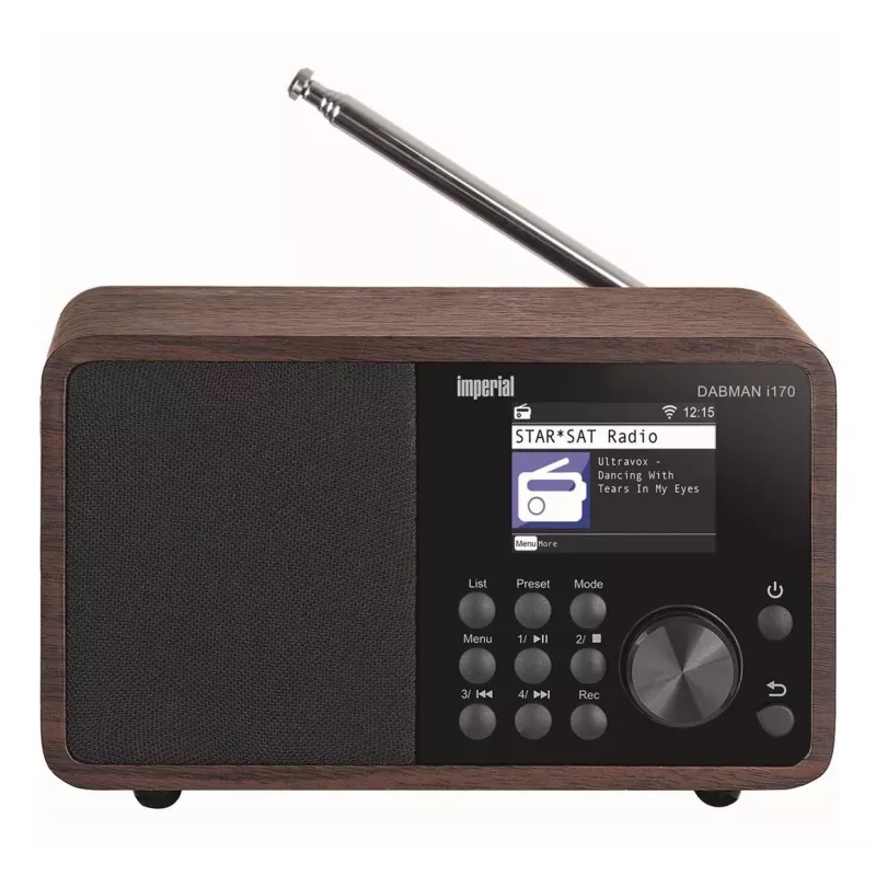 Pārnēsājamais DAB+ radio Imperial DABMAN i170 — FM/DAB+ uztvērējs, 10 W RMS, 2,4 collu displejs, 3,5 mm, USB-A, melns/koka krāsā