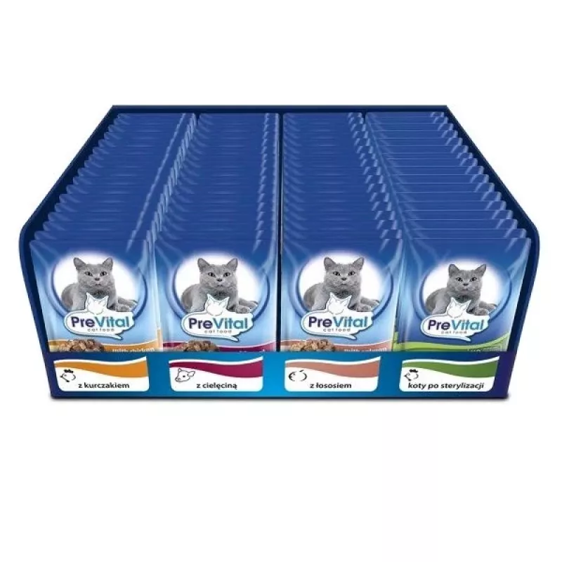 Mitrā kaķu barība PREVITAL Cat Food Mix 4 Flavors — Vistas, teļa gaļas, laša, mājputnu, 96 x 100 g paciņas (9,6 kg, pieaugušiem kaķiem)
