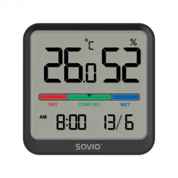 Iekštelpu temperatūras un mitruma sensors SAVIO CT-01/B brīvi stāvošs, LCD, -10–55°C, 10–99% RH, CR2032