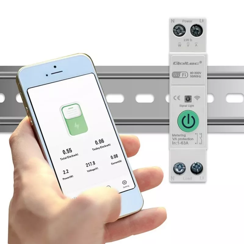 DIN-sliedes WiFi relejs QOLTEC 50881 — tīkla komutācijas relejs 63A elektrības instalācijām