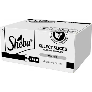 Mitrā kaķu barība Sheba Select Slices Poultry Flavors multipaka — 120 x 85 g paciņas, pieaugušiem kaķiem, 83% mitrums