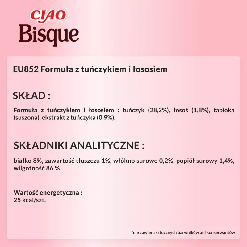 Mitrais kaķu našķis INABA Ciao Bisque tunzivs ar lasi 40 g — zivju garšas šķidrs paciņš, 86% mitruma, 8% olbaltumvielu