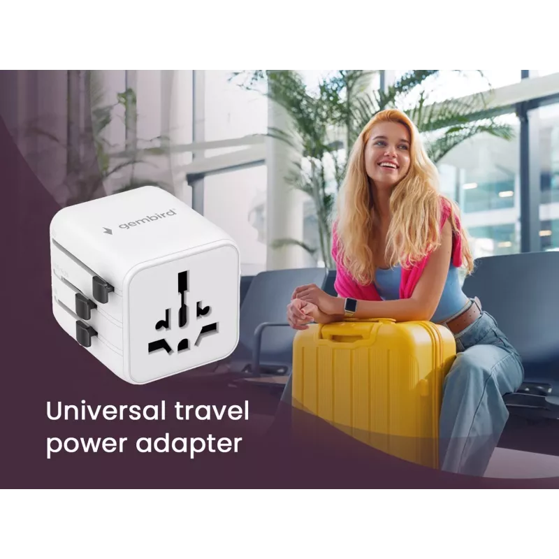Universāls ceļojumu strāvas adapteris GEMBIRD TPA-INT-01-W — ieeja 100–250 V, G tipa kontaktdakša, kompakti izmēri 84×56×85 mm
