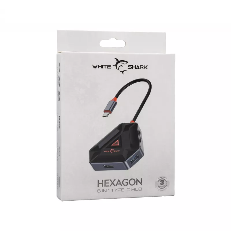 USB-C centrmezgls SBOX HEXAGON 6-in-1 ar HDMI un Ethernet, Type-C balts