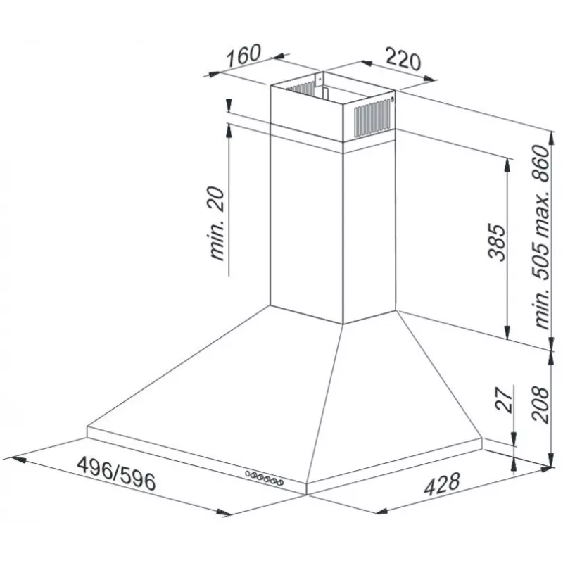 Tvaika nosūcējs MAAN VELA 2 50 satīna, 496 mm, 3 ātrumi, 315 m³/h, tērauda korpuss