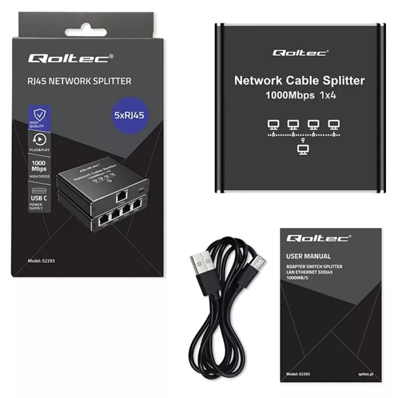 Ethernet mini slēdzis QOLTEC 52293 1x4 RJ45, 1-ieeja 4-izejas nepārvaldāms tīkla sadalītājs
