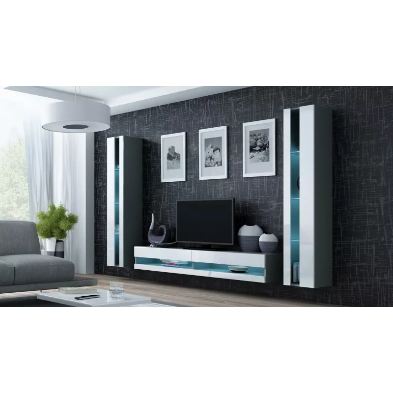 TV skapis Cama Meble VIGO NEW 30/140/40 — 1400×400×300 mm, pelēka virsma, skaidu plātne, pelēks rāmis, baltas spīdīgas durvis