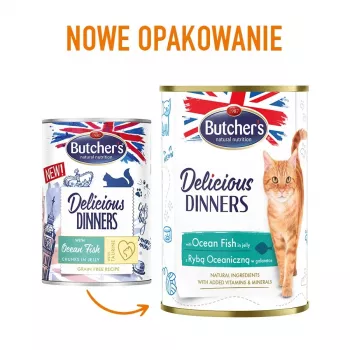 mitrā kaķu barība butcher's Delicious Dinners Ocean Fish Chunks in jelly 400 g, zivju garša, senioriem, kārba