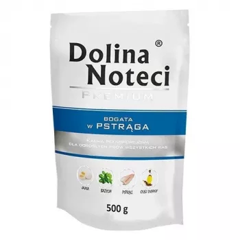 Slapjā suņu barība dolina noteci Premium Rich in Trout 500 g — pilnvērtīga pieaugušu suņu barība, 79% mitrums, 11% olbaltumvielas, 5% tauki
