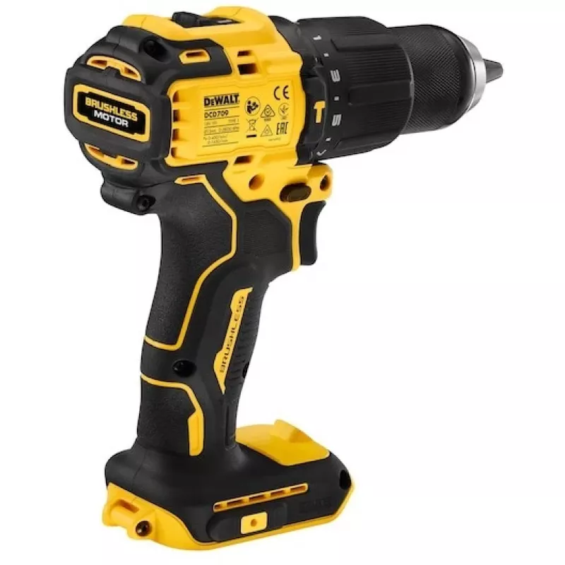 Bezvada urbjmašīna DeWALT DCD709N-XJ, bezsuku 18 V, 2 ātrumu, 1650 apgr./min, 65 N·m, bezatslēgas patrona 1,5–13 mm, 1,2 kg