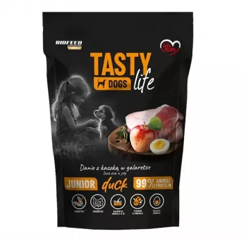 Mitrā suņu barība BIOFEED Tasty Life junior 90% pīle 500 g — pilnvērtīga barība augšanai, 11,5% olbaltumvielu, 8,5% tauku