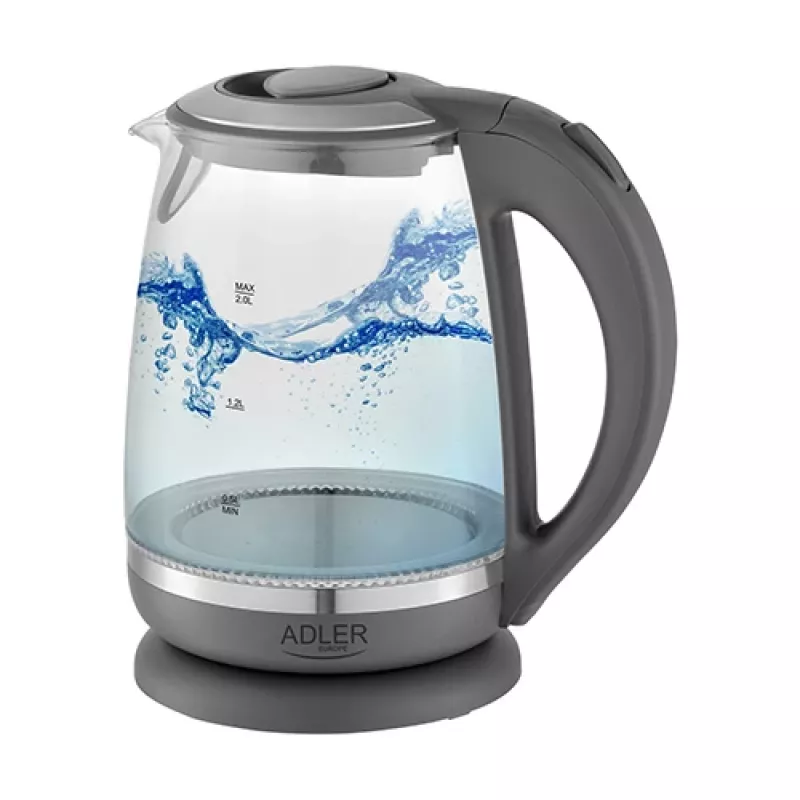 Adler | Tējkanna | AD 1286 | Standarta | 2200 W | 2 L | Plastmasa/Stikls | 360° grozāma pamatne | Pelēka/caurspīdīga