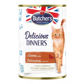 Mitrā kaķu barība butcher's Delicious Dinners 400 g — Pieaugušiem, brieža gaļas garša, 82% mitrums, 8,5% olbaltumvielas, 5,5% tauki