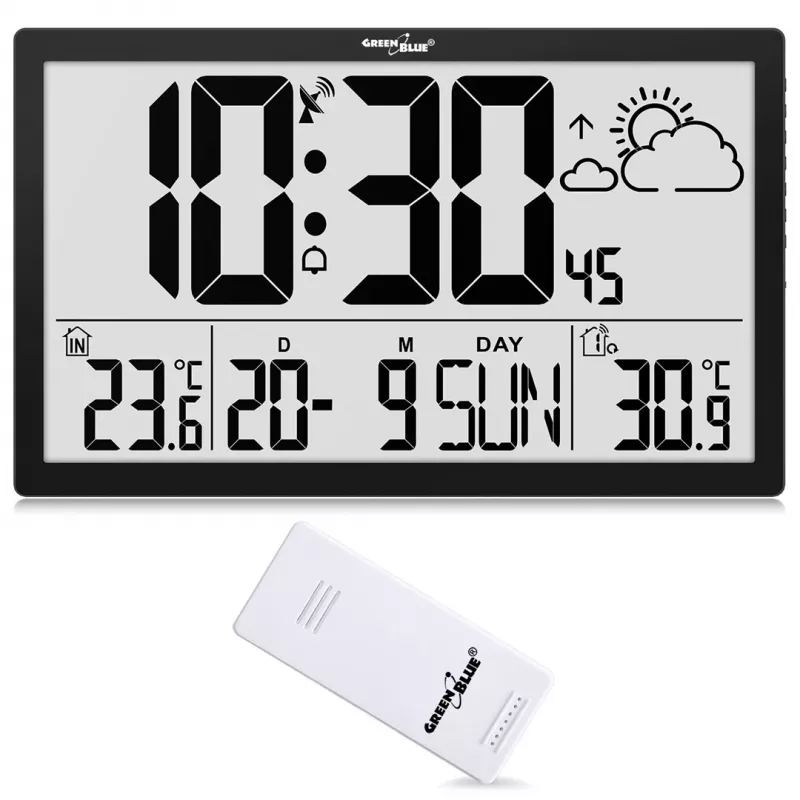 Sienas pulkstenis GreenBlue GB218 — īpaši liels LCD, laika apstākļu stacija, iekštelpu/āra temperatūras, datuma displejs
