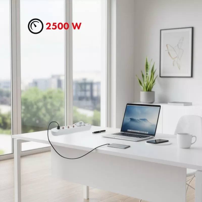 Strāvas sadalītājs MACLEAN MCE395 W — 5 rozetes, 3× USB A, 110–240 V maiņstrāva, 2.1 A USB, maks. 2500 W, balts, 1,5 m kabelis