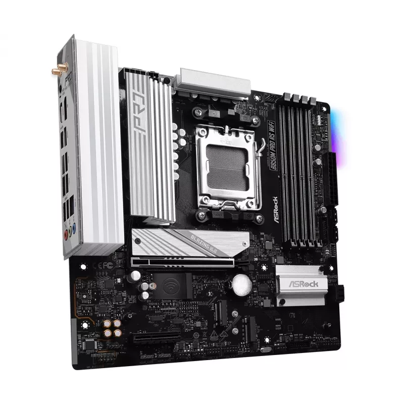 ASRock B850M Pro RS WiFi mātesplate — AMD B850, Socket AM5, microATX, DDR5, 4 DIMM, 256GB, Wi‑Fi 6E, 2.5Gb LAN, 3x M.2
