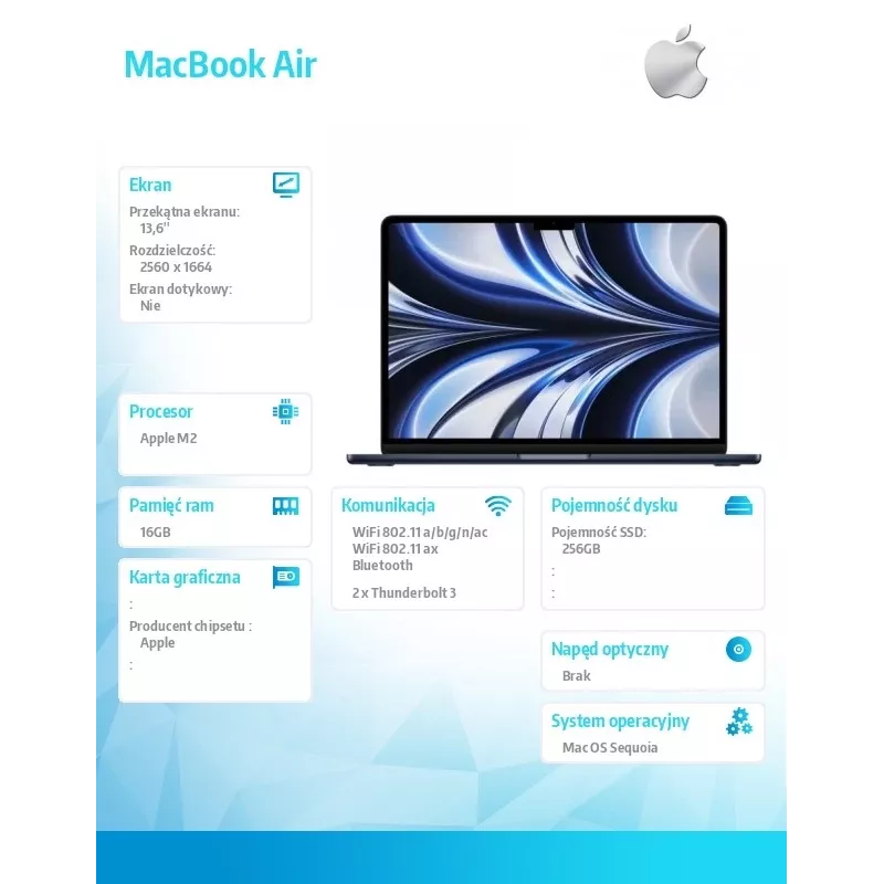 MacBook Air 13,6 : M2 8/8, 16GB, 256GB - Midnight