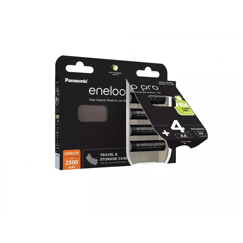 Uzlādējamās baterijas PANASONIC ENELOOP PRO AA 2500 mAh 4 gab. + futrālis (BK-3HCDE/4CP+CASE)