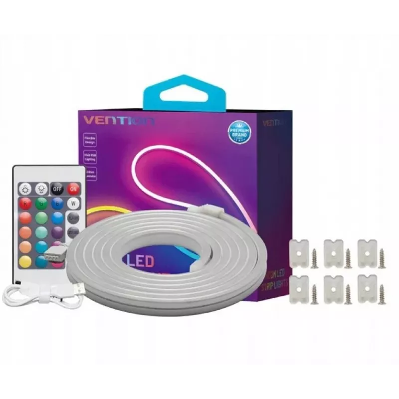 LED lentes gaisma Vention PAEWH 2 m, USB barošana 5V, RGB ar IR tālvadību, abpusējas līmlentes montāža