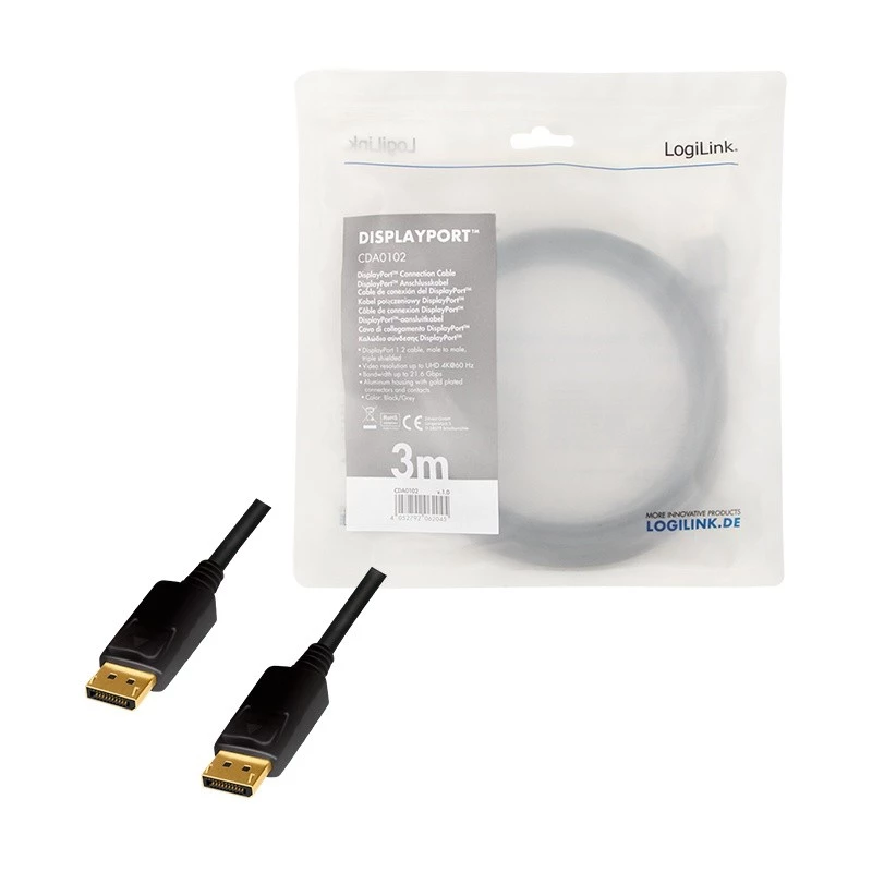 DisplayPort kabelis LogiLink CDA0102 3 m Pelēks Melns