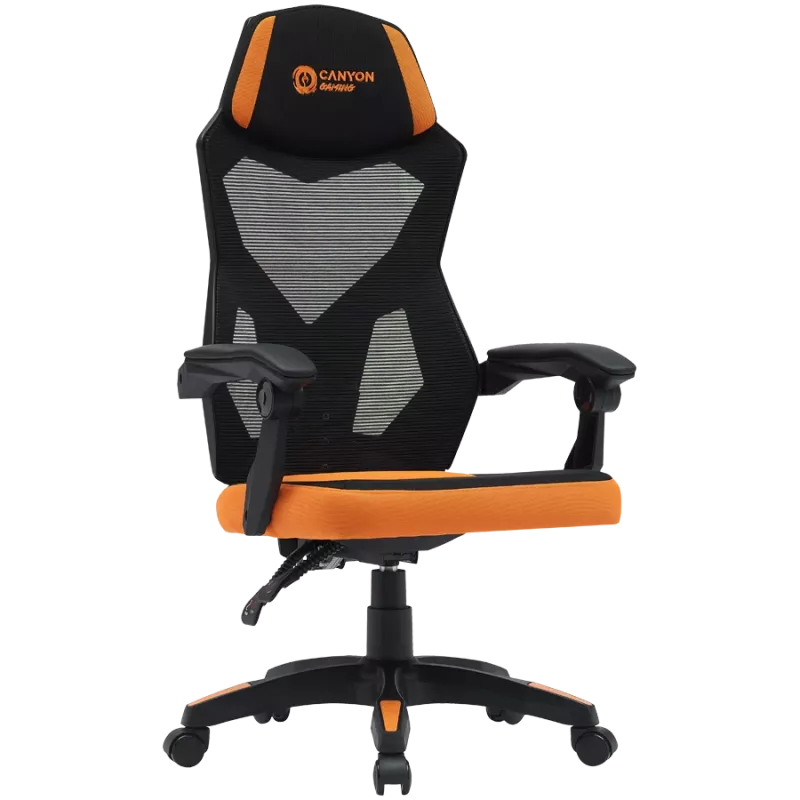 Spēļu krēsls CANYON Wave MCH02 — sieta atzveltne, ergonomisks dizains, melns/oranžs