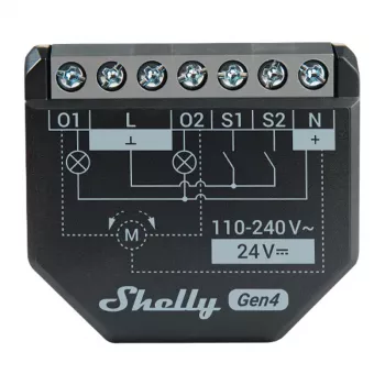 Shelly 2PM Gen4 žalūziju/slēģu izpildmehānisms 2 kanāli, maiņstrāva 110–240V, 2,4 GHz Wi‑Fi, 1,4 W, 8000 KB zibatmiņa