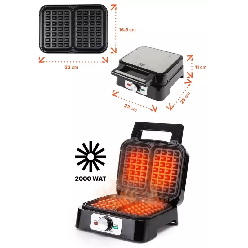 Vafeļu cepējs PROMIS WAP1600 — 2 porciju taisnstūra plātnes, 1200 W, nepiedegošas, termostats, aukstnesis rokturis, LED indikatori