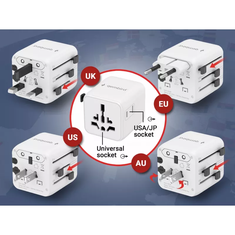 Universāls ceļojumu strāvas adapteris GEMBIRD TPA-INT-01-W — ieeja 100–250 V, G tipa kontaktdakša, kompakti izmēri 84×56×85 mm