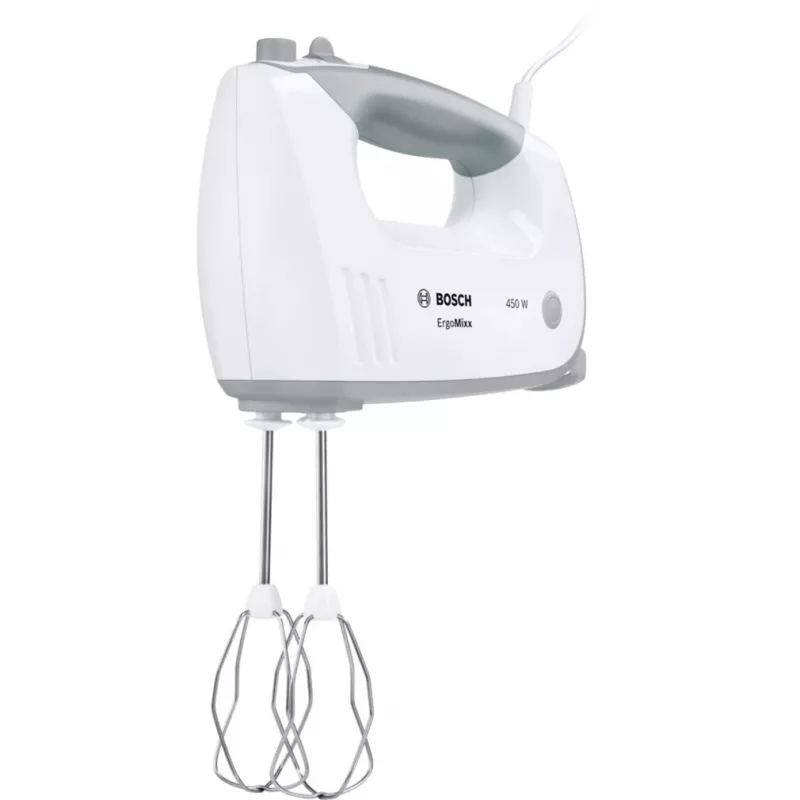 Rokas mikseris Bosch MFQ36400 — 450 W, 5 ātrumi, turbo, 1,3 m vads, pelēks/balts
