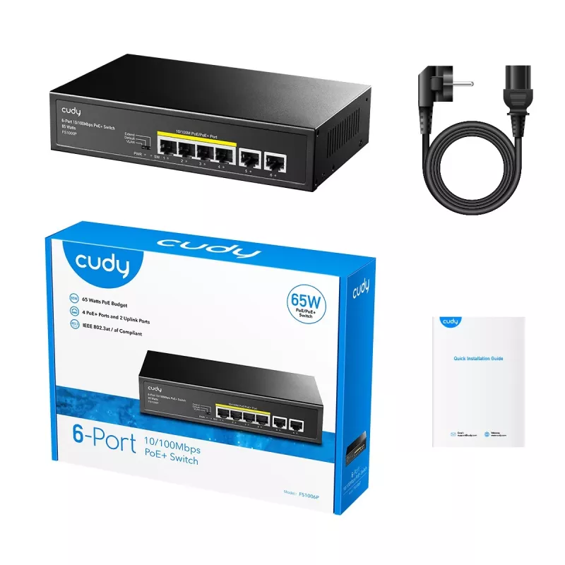 Tīkla slēdzis Cudy FS1006P Fast Ethernet 6 portu (4 PoE, 1 PoE+) 10/100 Mb/s, 1,2 Gbit/s joslas platums, metāla korpuss, statīva/sienas stiprinājums