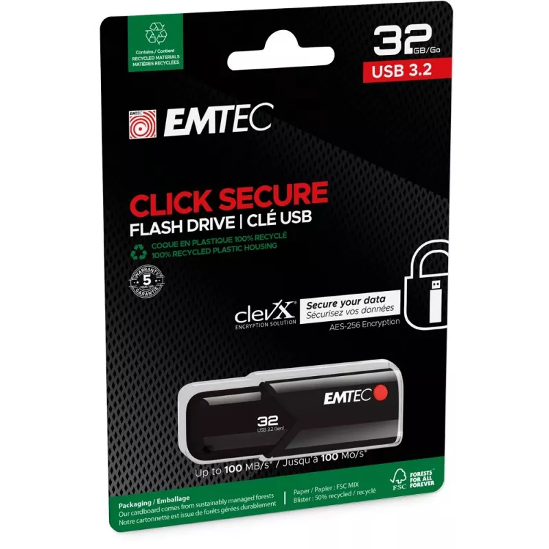 USB zibatmiņa EMTEC B120 Click Secure 32 GB USB Type-A 3.2 Gen 2 (3.1 Gen 2) melna