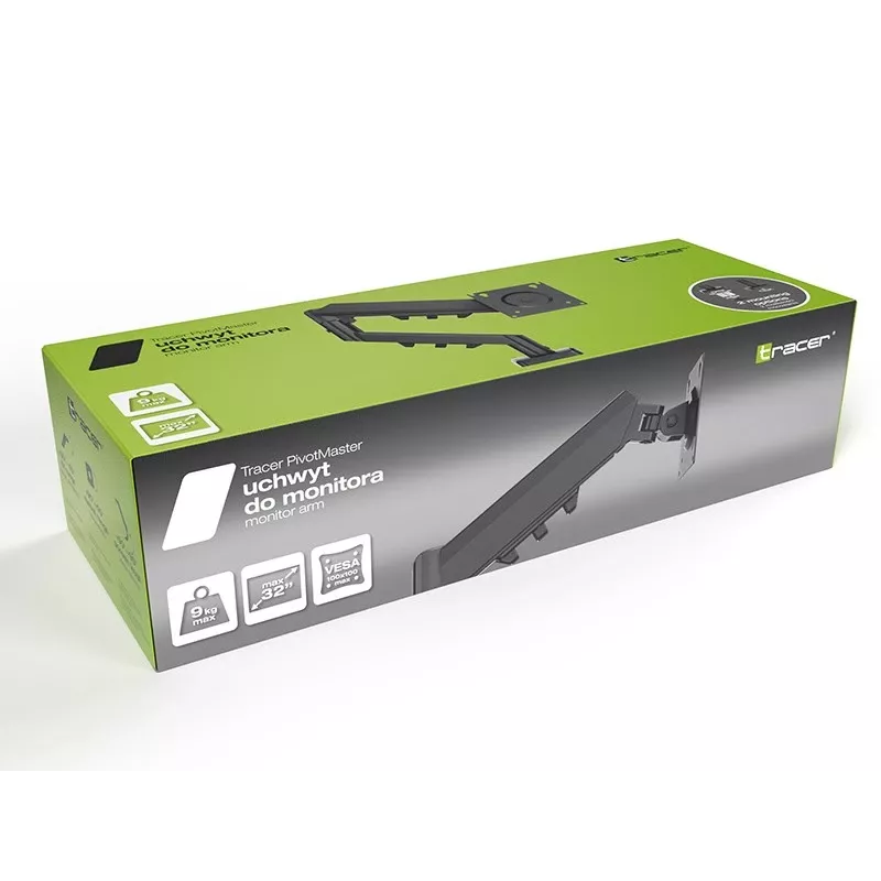 Monitora svira TRACER Pivot Master TRAUCH47659 — regulējams augstums, noliec/grozāms, VESA 100×100, līdz 9 kg, 13–32 collu ekrāniem, uzstādāms uz galda, melna