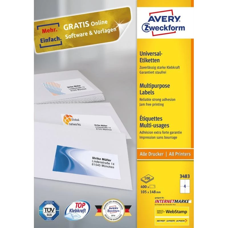 Pašlīmējošā etiķete Taisnstūris Avery 3483