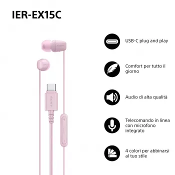 Sony IER-EX15C austiņas ar vadu, ievietojamas ausīs, zvaniem/mūzikai, USB-C, rozā