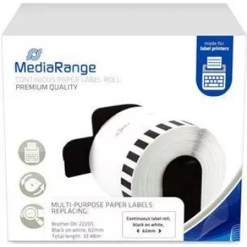Nepārtraukta papīra etiķešu rulete MediaRange DK-22205 62mm 30,48m melns uz balta